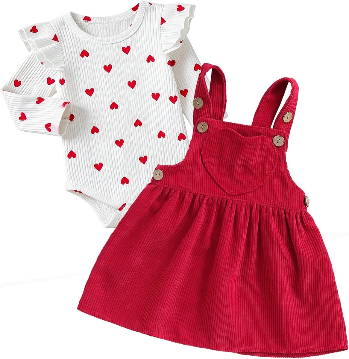 SnelShoppen - Valentijns Outfit Babymeisje Lange Mouw T-shirt met Harten + Rode Overalljurk voor Fotoshoot, Cadeau, Feest, Kleding, Baby, Meisje, 0-24
