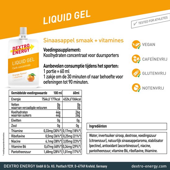 Dextro Energy Liquid Energy Gel - Sinaasappel + Vitamine B - Sportgel - Energie Gel - 18 x 60 gram van Merkloos — afbeelding 2