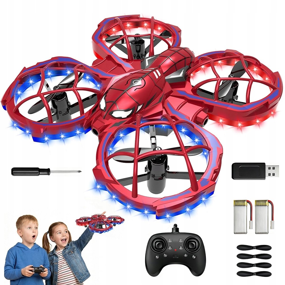 Mini Drone met Verlichting - RC Kinder Drone - obstakelsensor - 3 snelheden - 360° flip - 2 batterijen - voor kinderen en beginnende volwassenen