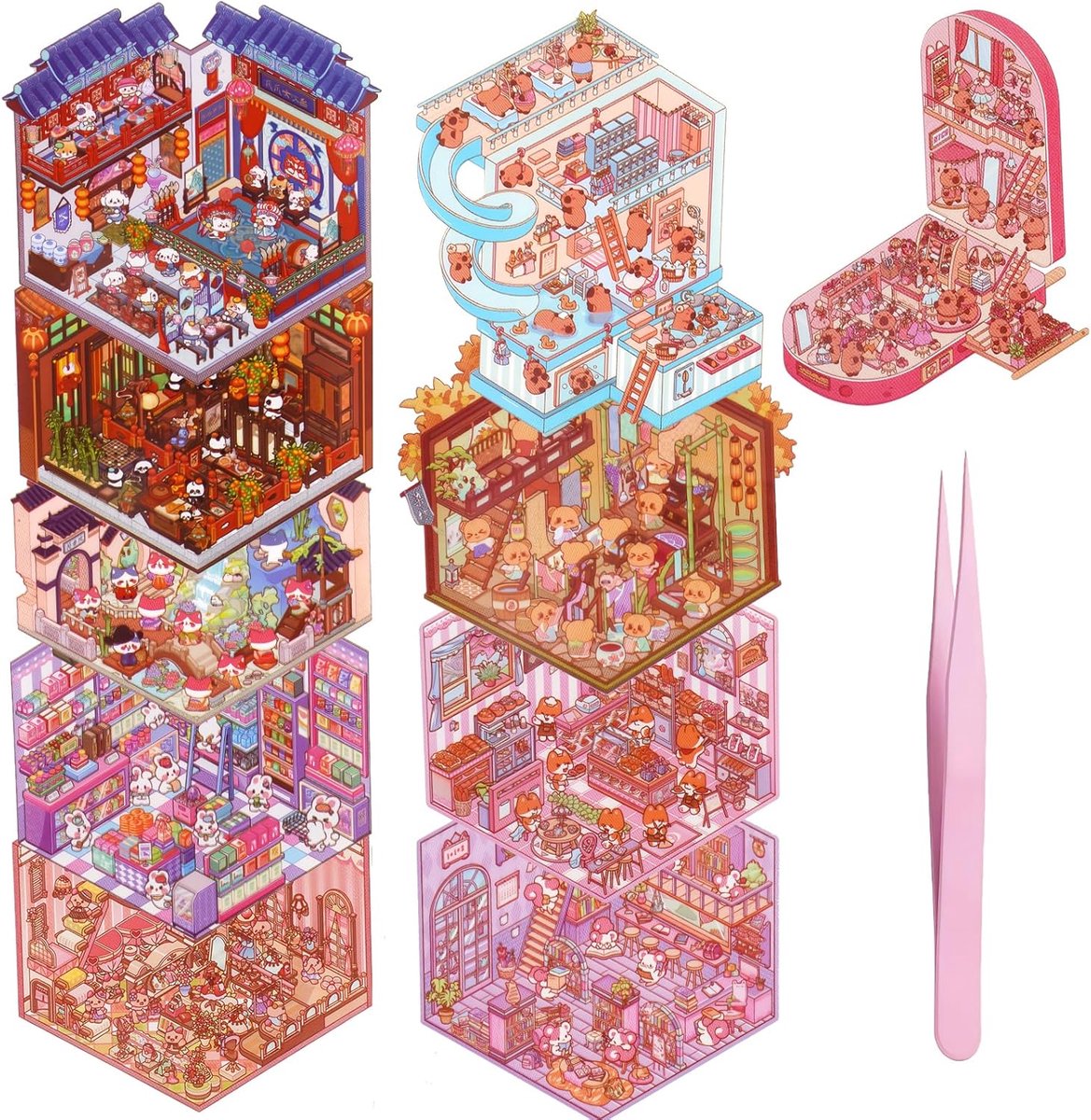 SnelShoppen - 10 Sets Miniatuur Huis Scene 3D Stickers met Pincet voor Volwassenen - Creatieve Knutselstickers voor Diorama's, Hoogwaardig PET Materia