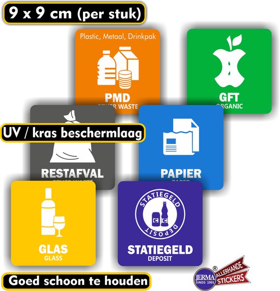 Jerma - Recycling Stickers - Afvalbakken - Set 6 st - 9 x 9 cm - Vinyl - Weerbestendig - Zelfklevend