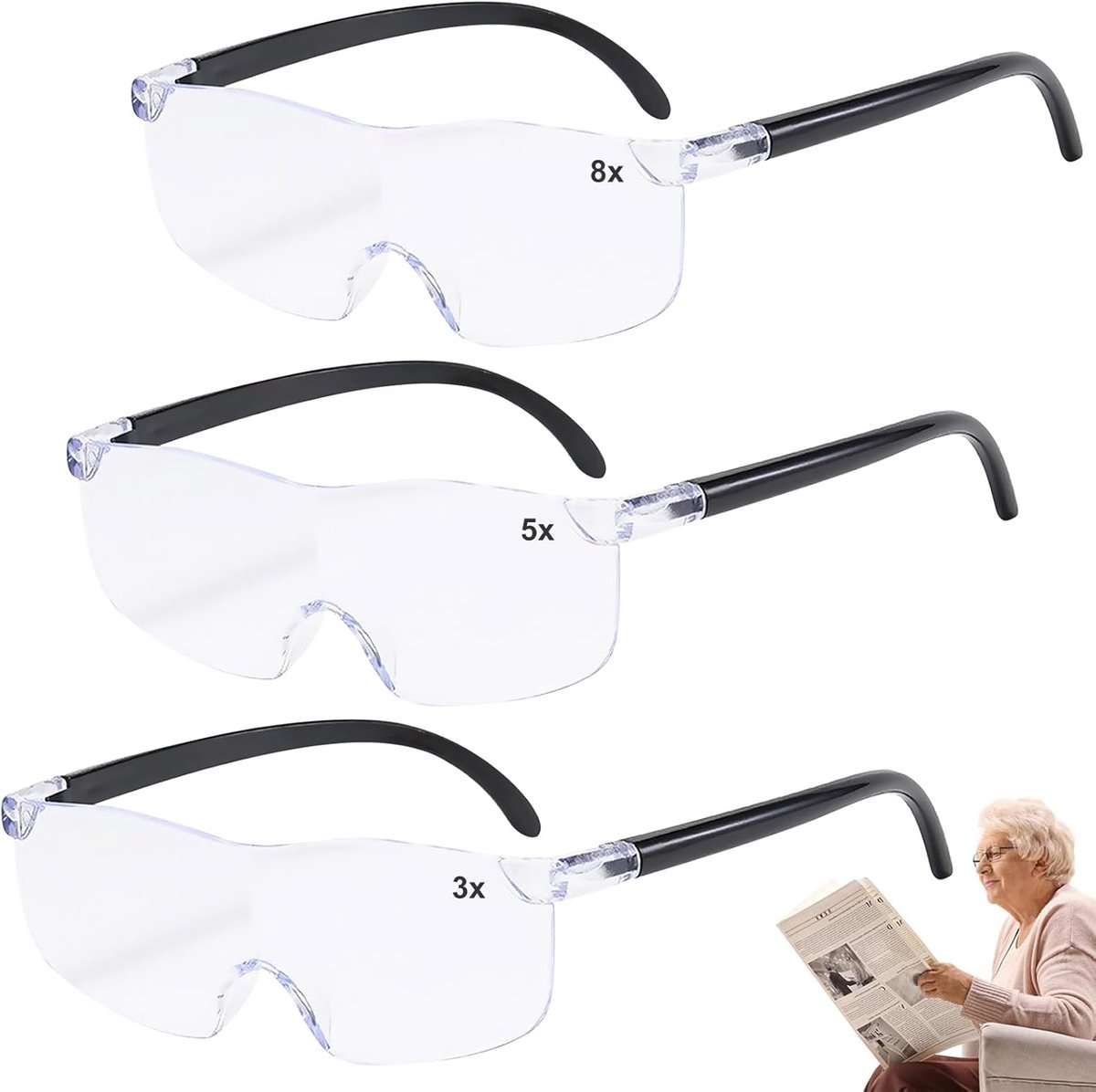 SnelShoppen - 3 Pack Vergrootglazen 300% 500% 800% Lezen, Handwerken, Hulp voor Ouderen, Lichtgewicht, 4.5 x 14.5 cm, Duidelijke Weergave