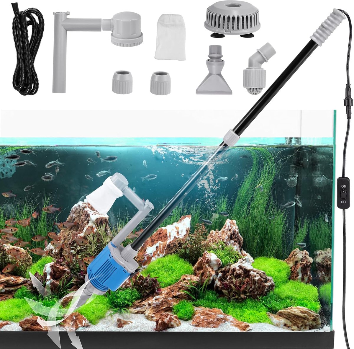SnelShoppen - 6-in-1 Aquariumgrindreiniger, Elektrische Stofzuiger voor Aquarium, Waterwisselaar, Zandreiniger, Algenreiniging, 360° Draaibaar Ontwerp