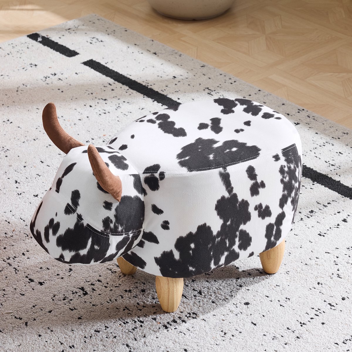 COVREO Voetenbankje 62 x 35 x 36 cm - koe-design, zwart-wit, met houten poten