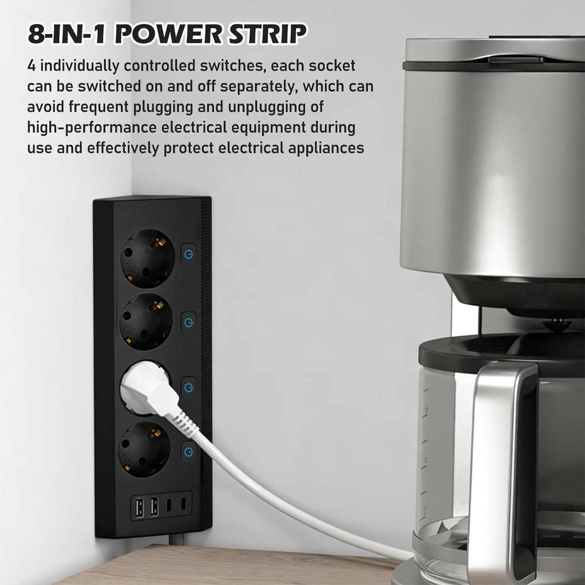 SnelShoppen - Hoekstopcontact met 2 USB en 2 USB C - 4-voudige stekkerdoos met schakelaar, overspanningsbeveiliging, 8 in 1, 2 meter kabel, keukenstop