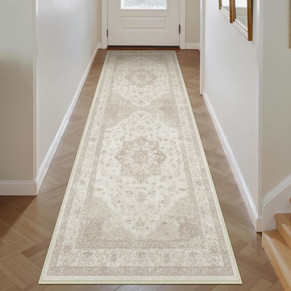 SnelShoppen - Vintage Runner Tapijt 60x180cm Beige Wasbaar Antislip Zacht Vloerkleed voor Keuken, Slaapkamer, Eetkamer, Kantoor - Korte Pool