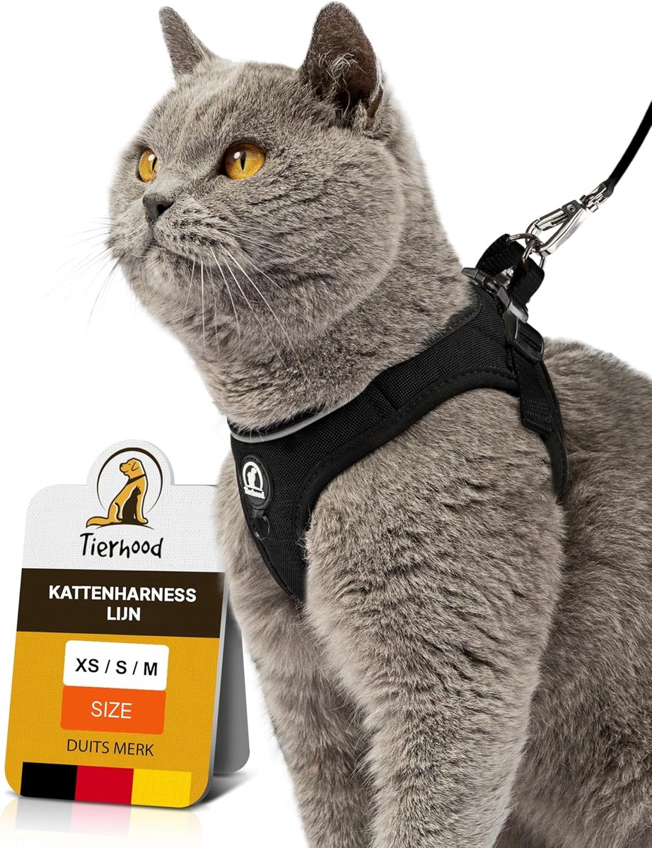 SnelShoppen - Kattenharnas set met lijn voor gecontroleerde vrijheid - zachte, comfortabele, verstelbare en robuuste active kat tuigje (Zwart, S)