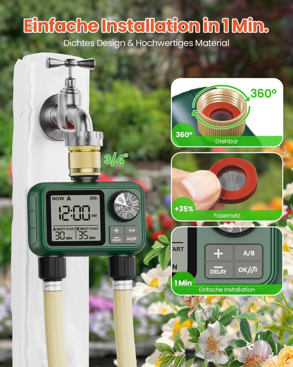 SnelShoppen - Irrigatiecomputer met 2 Uitgangen, Messing Inlaat, Groot LCD Display, Automatische Irrigatietimer met Regenuitstel voor Tuin, Water Tap