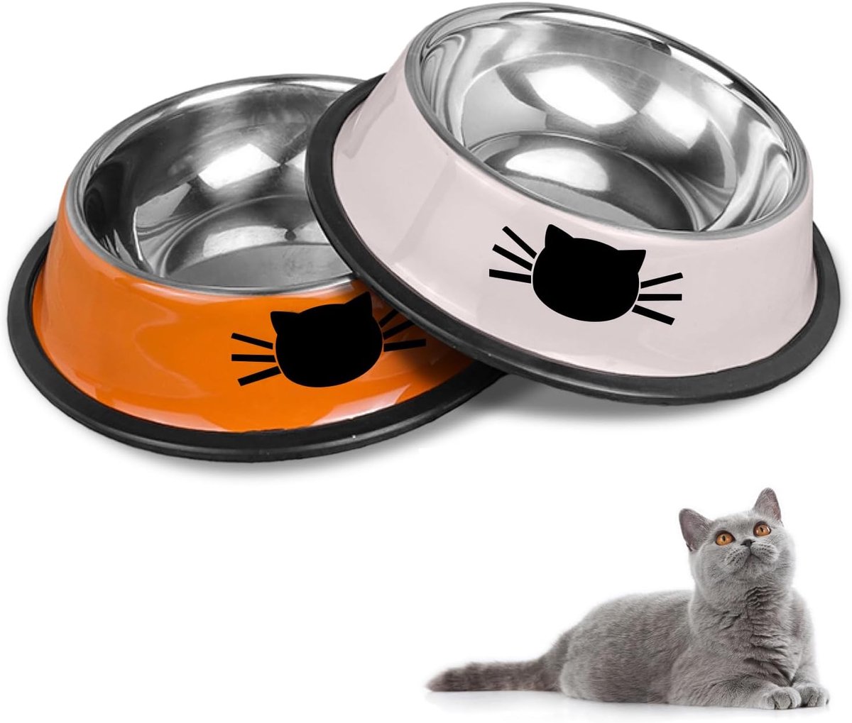 SnelShoppen - RVS Kattenvoerbakken Set 3-delig (Grijs + Oranje) - Duurzaam, Antislip, Voor Katten en Kittens - Ideaal voor Droogvoer, Natvoer en Water