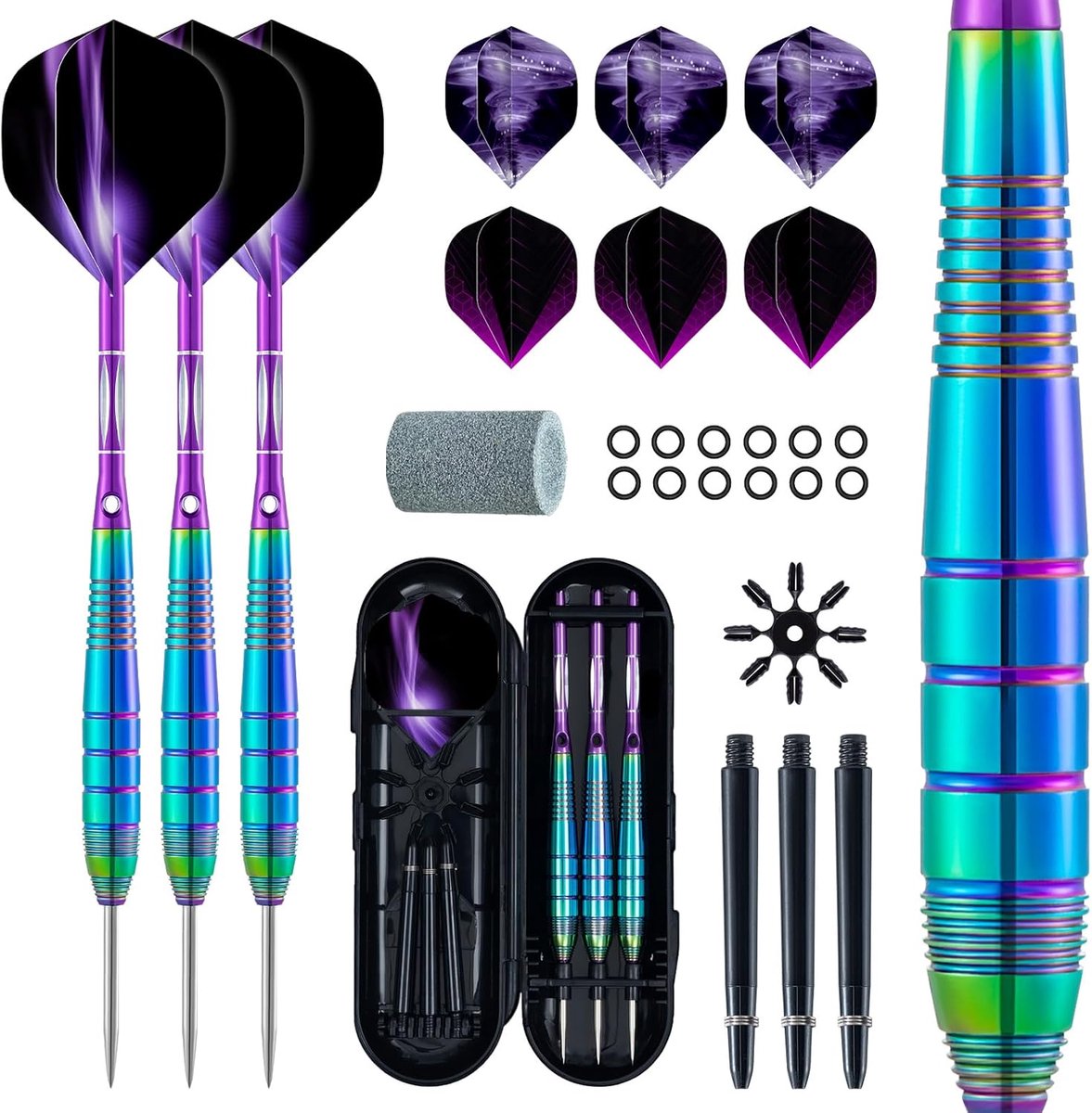 SnelShoppen - Professionele Darts Set 22g - 3 Pack Stalen Tip Darts met 9 Dart Flights, 3 Aluminium Schachten, 3 Reserve Schachten, Grinder, O-Ringen