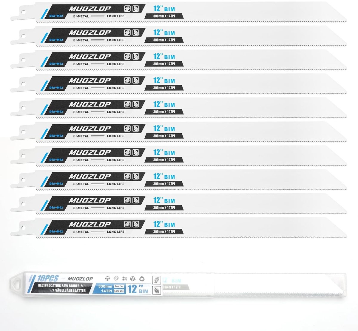 SnelShoppen - 10-pack 300mm Reciprocating Saw Blades Set, 14 TPI Bi-Metaal Zaagbladen voor Metaal, Precisie Snede, Duurzaam en Langdurig, Geschikt voo