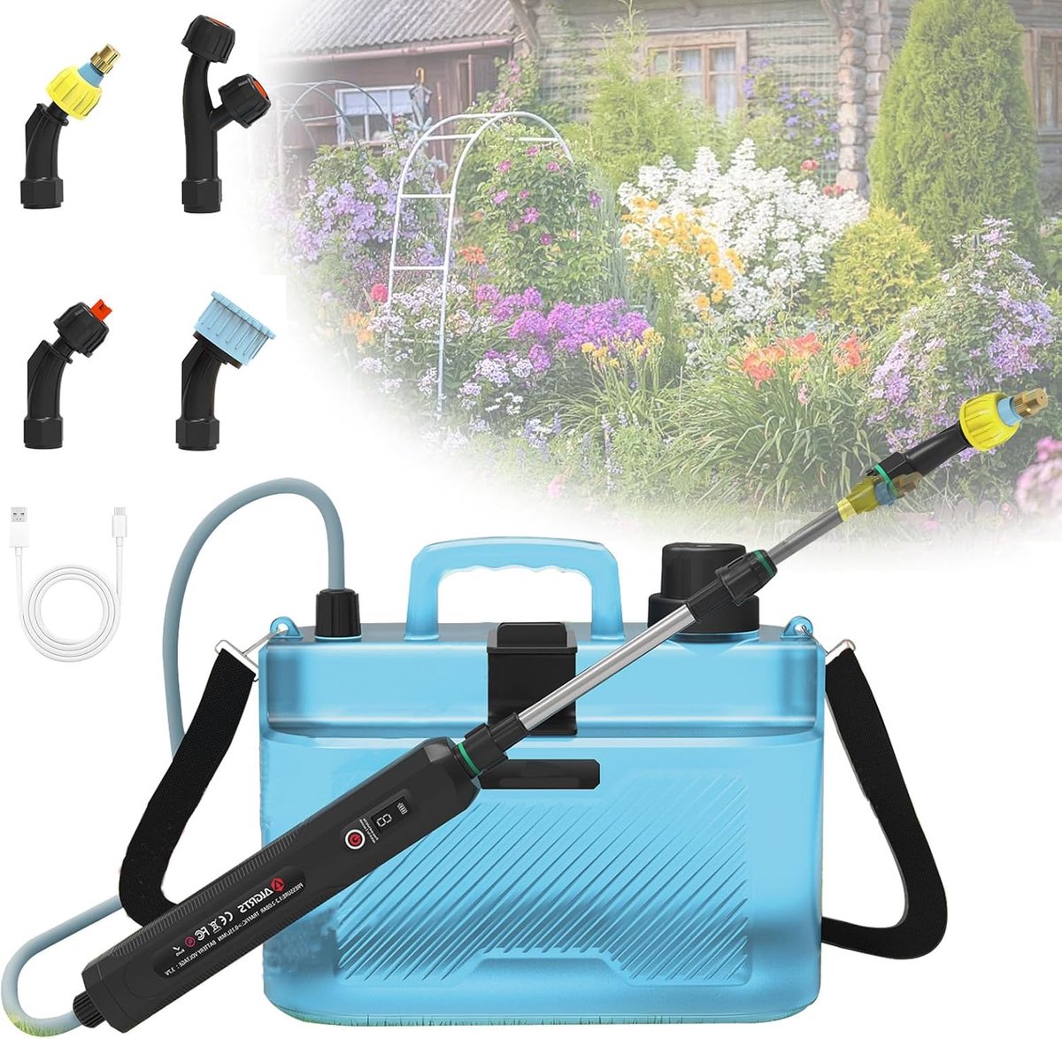 SnelShoppen - Druksproeier 8L Accu-Tuinspuit met 3 Nevelsproeiers, USB-Oplaadbaar, Telescoopstang, Verstelbare Schouderriem voor Tuin, Plantverzorging
