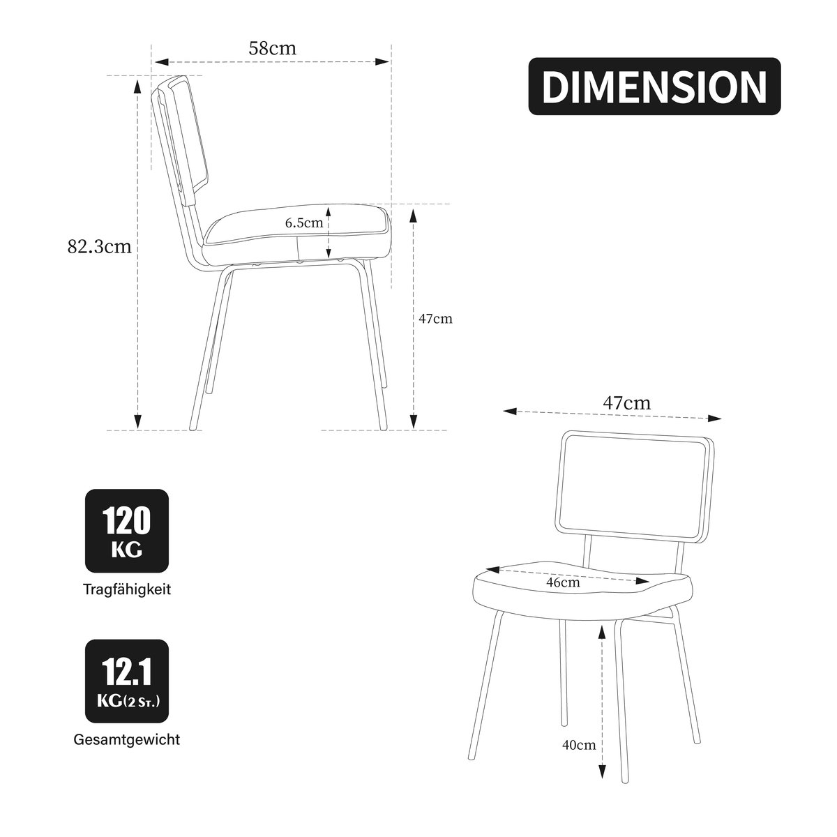 MEUNIQ Eetkamerstoel set van 2 47 x 58 x 82,3 cm zonder armleuningen met chenille zitting, rugleuning met rotan-look en verstelbare metalen poten zwart Black