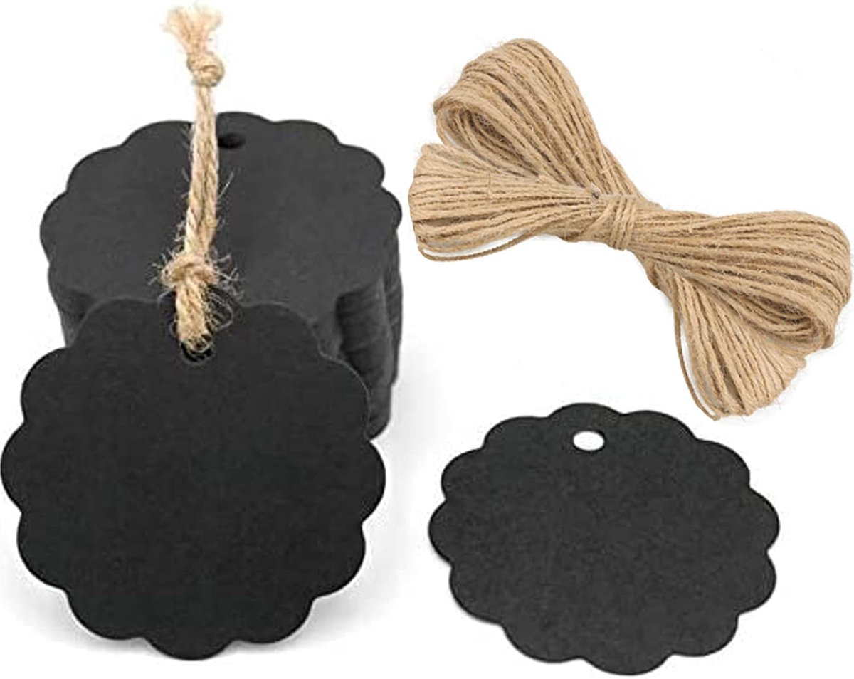 SnelShoppen - 100 Stuks 6 cm Ronde Kraftpapier Labels met Touw - Zwarte Labels voor Cadeauverpakking, Knutselen en Decoratie - 300gsm Krachtig en Duur