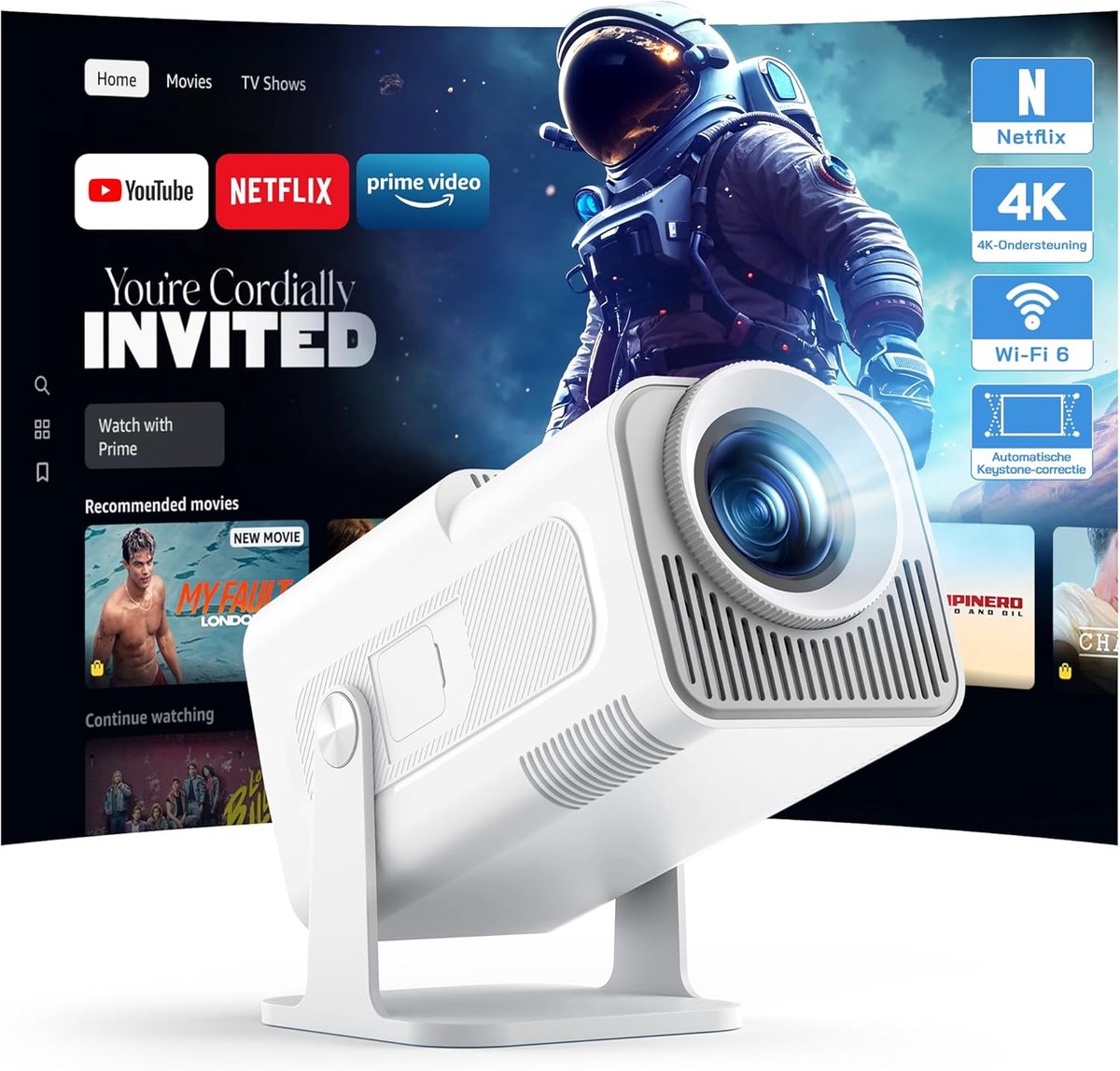 SnelShoppen - Mini Projector Full HD 1080P met Android App, Draagbare Projector met WiFi en Bluetooth voor Thuisbioscoop, Automatische Verticale Corre