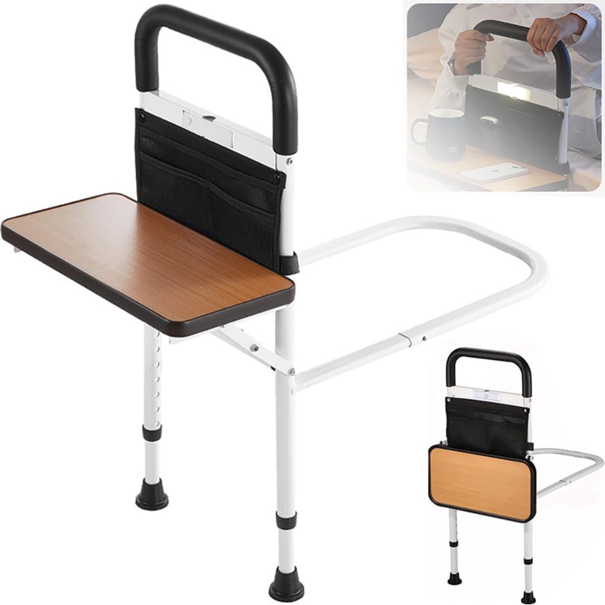 SnelShoppen - Bed Rail voor Ouderen met Handgreep, Verstelbare Bed Hulp, Veiligheidstouw, Verwijderbare Lichtsensor, Vouwtafel, Staal en Comfortabel G