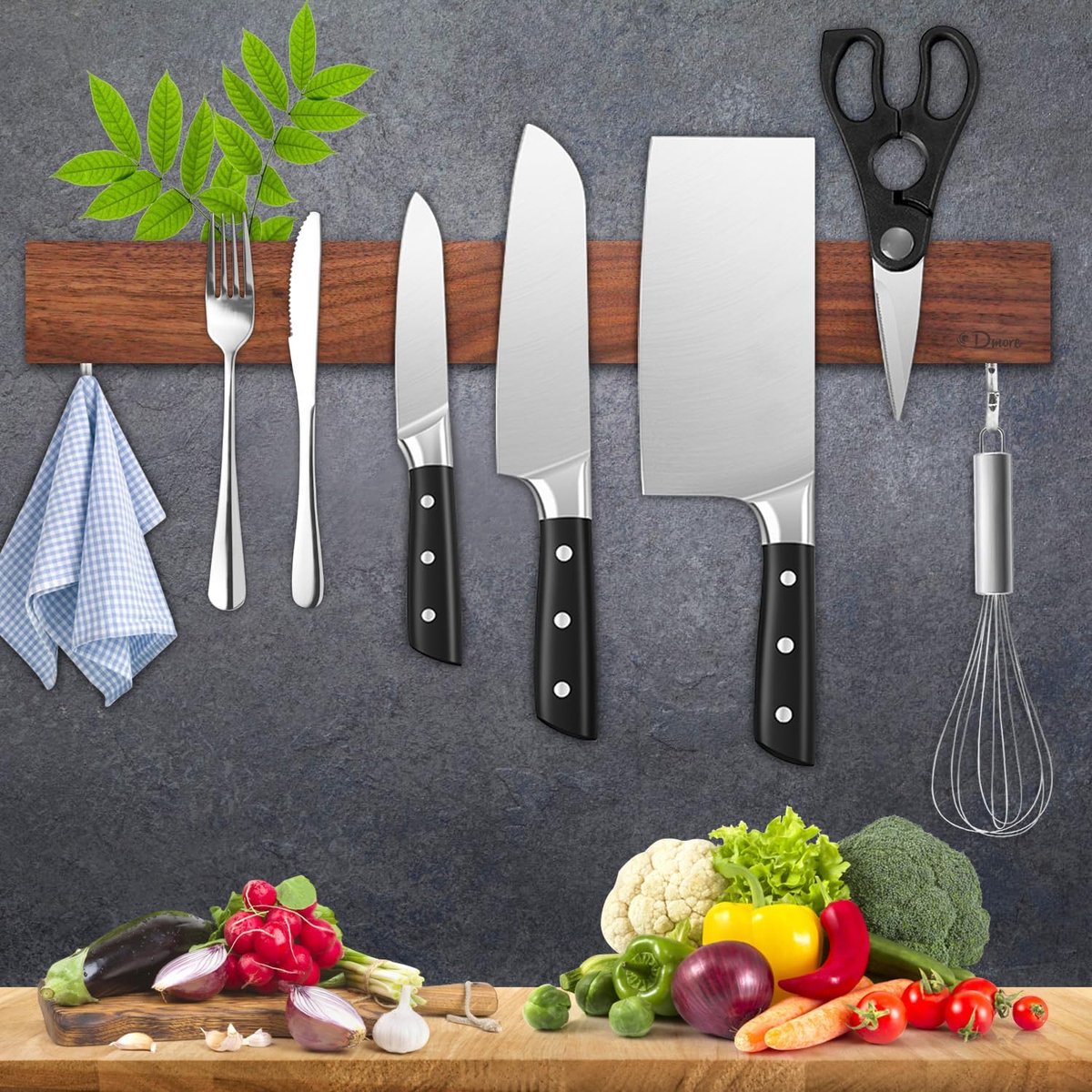 SnelShoppen - Magnetische Messenset Houder 59 cm van Walnoot met 2 Haken - Krachtige Hechting voor Keuken, Garage en Werkplaats - Elegante en Multifun