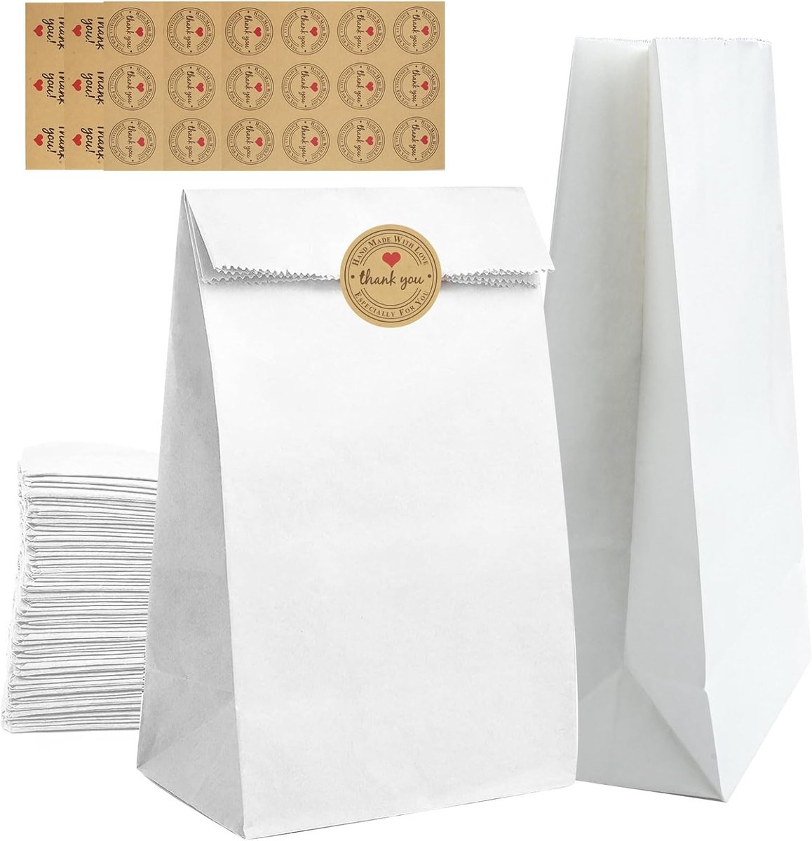 SnelShoppen - 50 Stuks Kraftpapieren Zakken Klein - 24x13x8 cm - Cadeauzakjes met 60 Stickers - Perfect voor Bruiloft, Verjaardag, Eten en Gebak