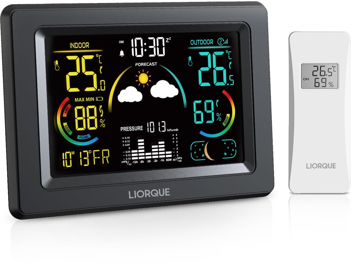 SnelShoppen - Weerstation Binnen Buiten - 5,9 Inch Kleuren-LCD-VA-Display - Temperatuur- en Vochtigheidsbewaking - Maanfaseweergave - Multisensor Verb