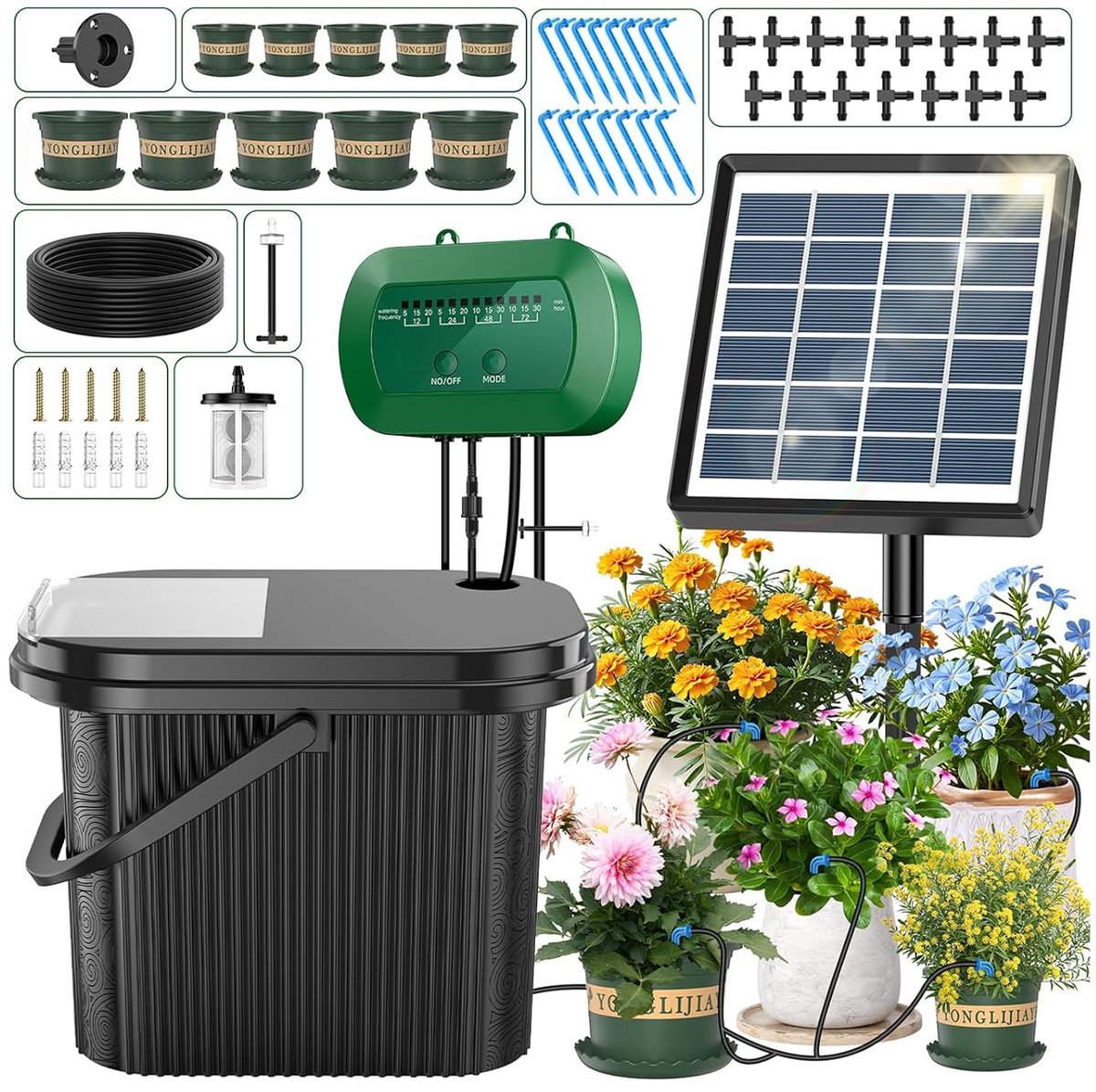 SnelShoppen - Irrigatiesysteem op zonne-energie, automatisch bewateringssysteem met timer, hoge capaciteit waterreservoir en aparte plantenbak voor ba