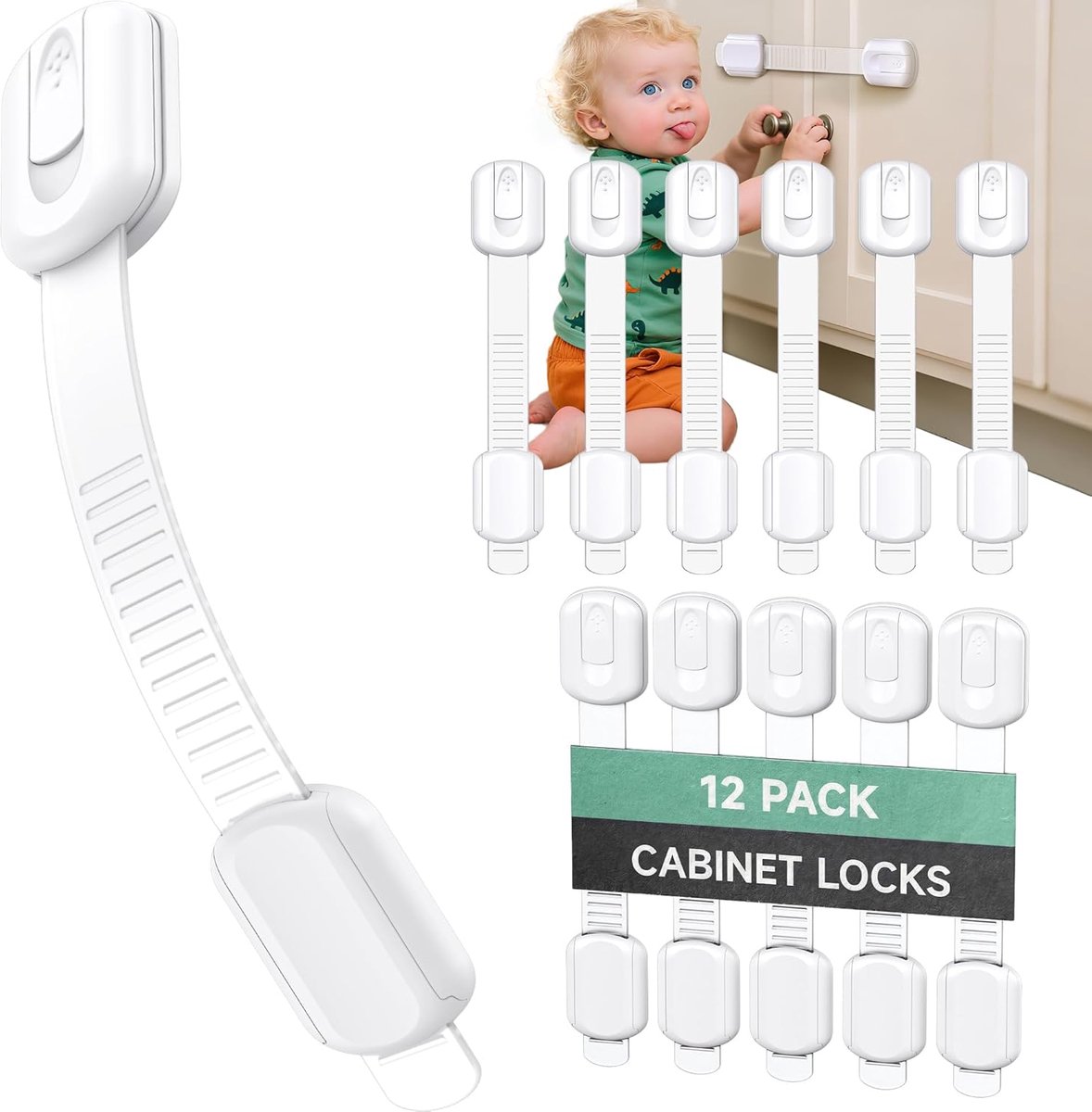 Infinno 12-Pack Kastsloten voor Babyveiligheid – Kindveilige Kast- en Ladeklemmen – Zelfklevende Veiligheidssloten Zonder Boren – Voor Keukenkasten, Laden, Koelkast en Meubels