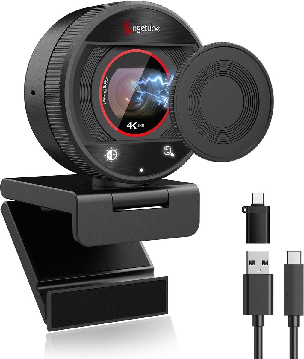 SnelShoppen - 4K Webcam voor PC, Streaming Webcam 1080P @ 60 FPS, PDAF Autofocus, AI-Microfoons, 8-Voudige Digitale Zoom, Privacyscherm, Compatibel me