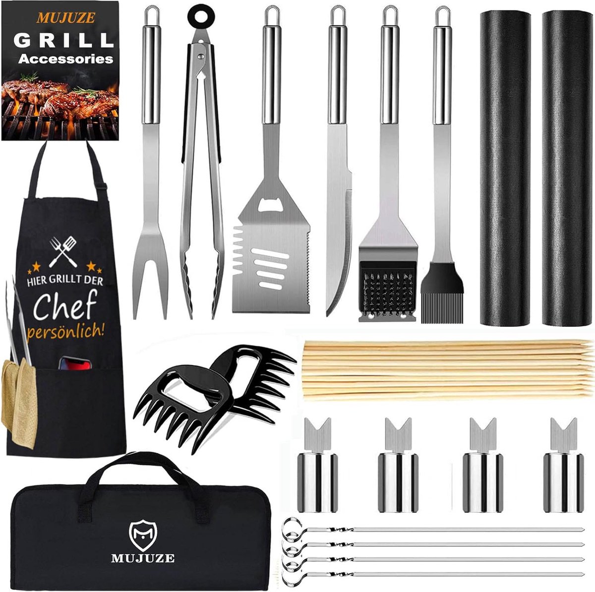 SnelShoppen - Barbecue-accessoires Set - Professionele Roestvrij Stalen Gereedschappen voor Tuin, Camping en Feesten - Inclusief Opbergtas