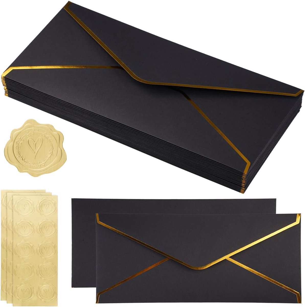 SnelShoppen - 20 Goudfolie Rand Uitnodigingsenveloppen Set | Elegante Zwarte Luxe Enveloppen 10,5x24cm voor Bruiloften, Verjaardag, Afstuderen en Kers