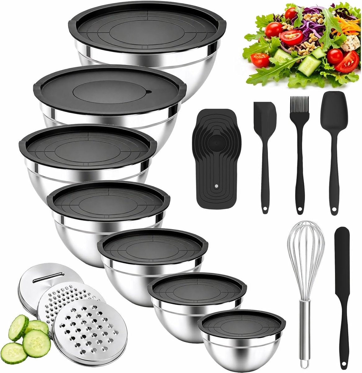SnelShoppen - Set van 7 Slakommen met Deksel en 14 Luchtdichte Deksels, RVS Kippenlepel, Stapelbaar, 3 Raspen, Keuken Accessoires, Voorbereiding, Meng