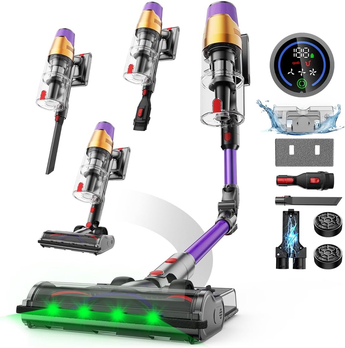 SnelShoppen - Draadloze Accustofzuiger met Dweilmopfunctie, 8-in-1, 550W, 48kPa, 70 minuten, Opvouwbare Stofzuiger met Touchscreen, 1,5L Stofreservoir