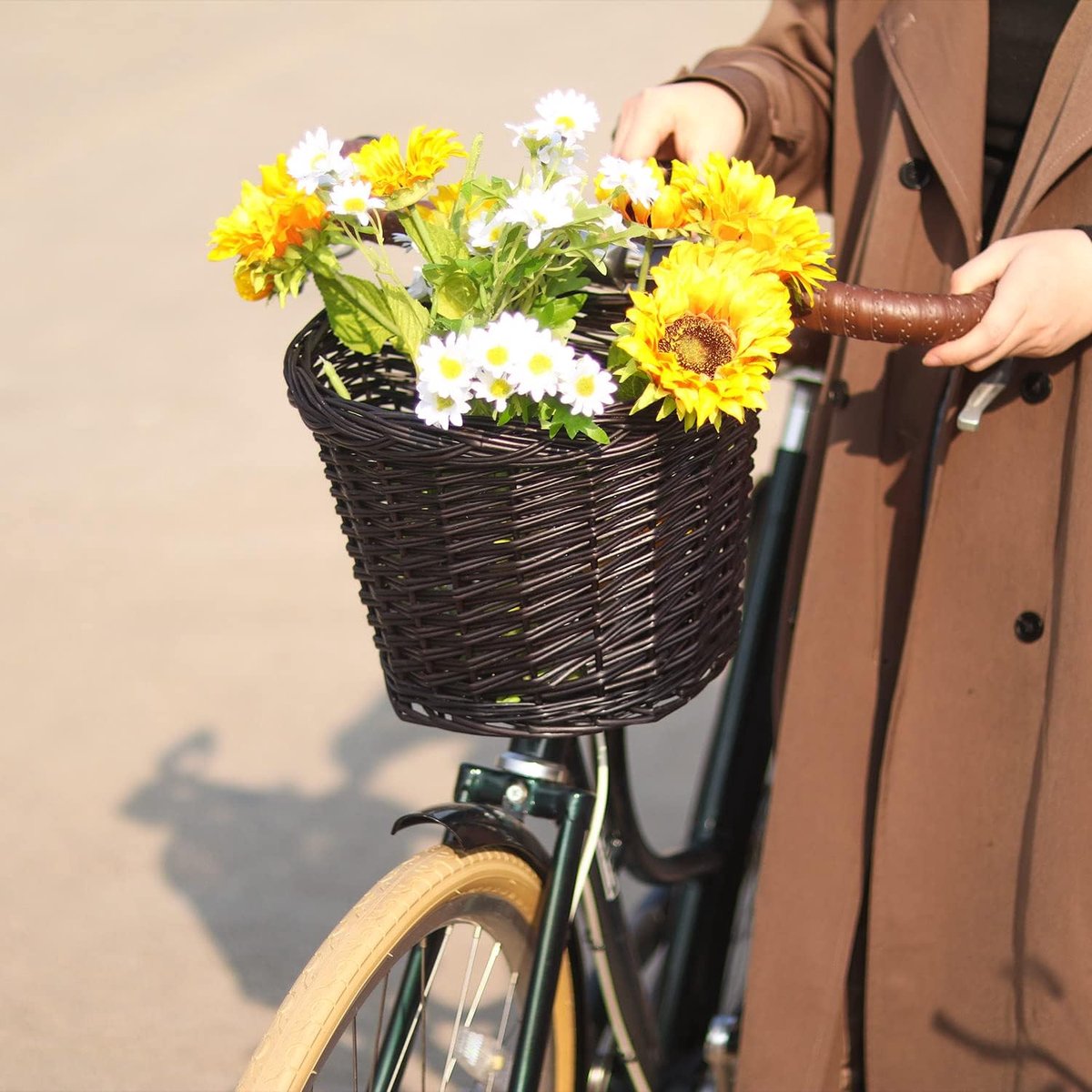 SnelShoppen - AVASTA Fietsmand van Wilgenvlechtwerk - Handgeweven Waterdichte Opbergmand voor Volwassenen - Voor op de Fiets met Vegan Lederen Riemen