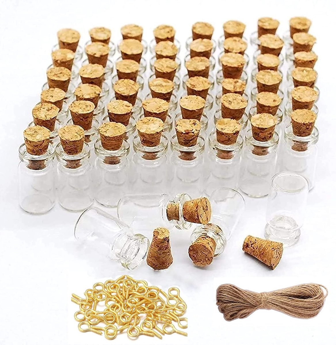 SnelShoppen - 100 Glazen Mini-Flessen 0,5 ml met Kurksluiting, Transparante Flesjes met Oogschroeven, 20 Meter Snoer, Ideaal voor DIY, Decoratie, Gast
