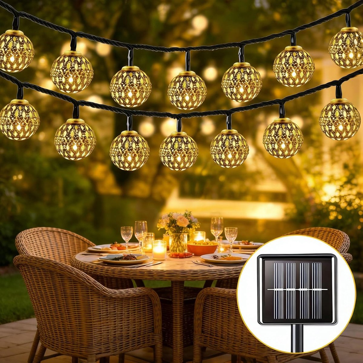 SnelShoppen - Marokkaanse lichtsnoer op zonne-energie, LED lichtketting met zilveren bol, 8 lichtmodi, IP65 waterdicht, tuinlampen voor balkon, terras