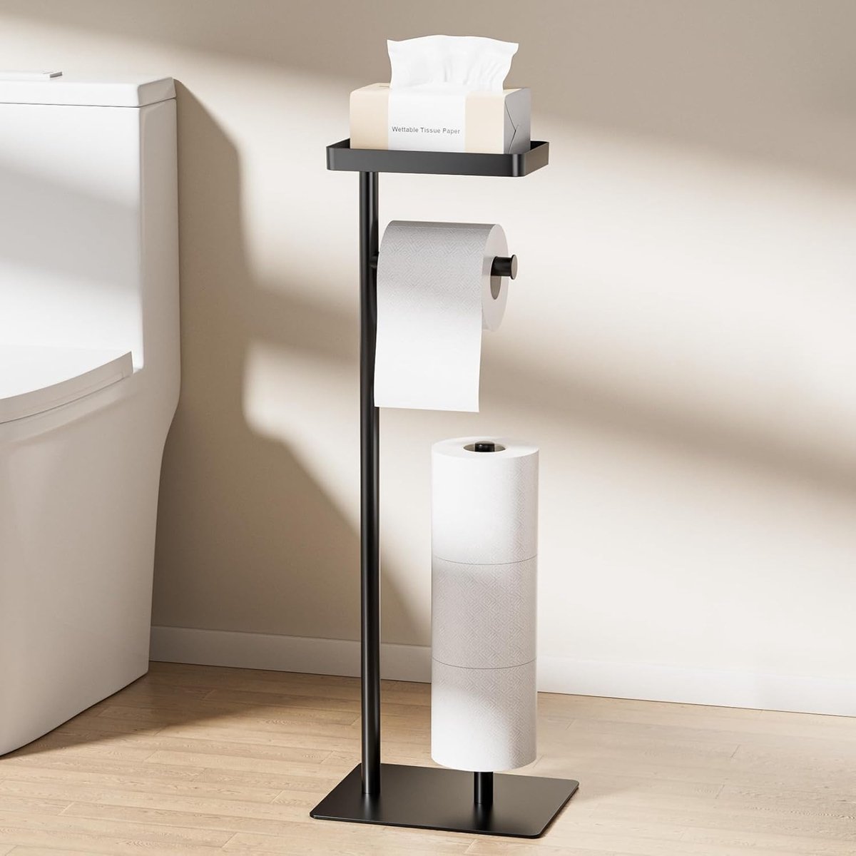 SnelShoppen - Roestvrijstalen Staande Toiletpapierhouder met Vochtige Doekjesdoos, Zwart, Voor Toiletpapier en Toiletborstel, Modern en Stijlvol Inter