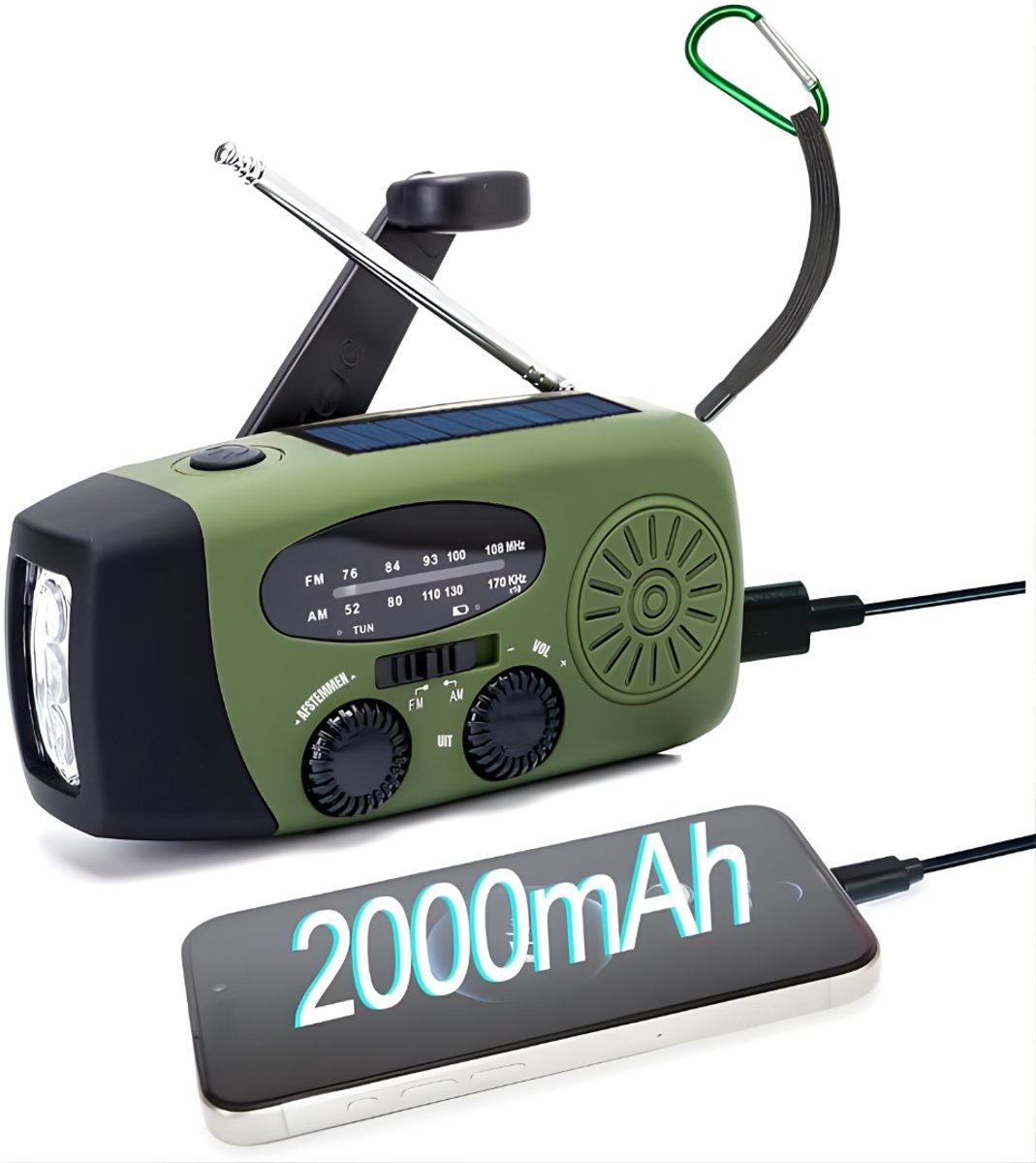 KIRA® Noodradio Solar Opwindbaar - 20000mAh - Noodradio - Draagbare Noodradio - Groen - 13cm x 5cm x 6cm
