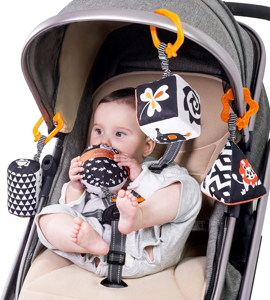 Thijox - Set met Hoge Contrastvormen, Babyspeelgoed Zwart-Wit voor Kinderwagen en Autostoeltje, Pluche Rammelaars, Hangend Speelgoed voor Pasgeborenen