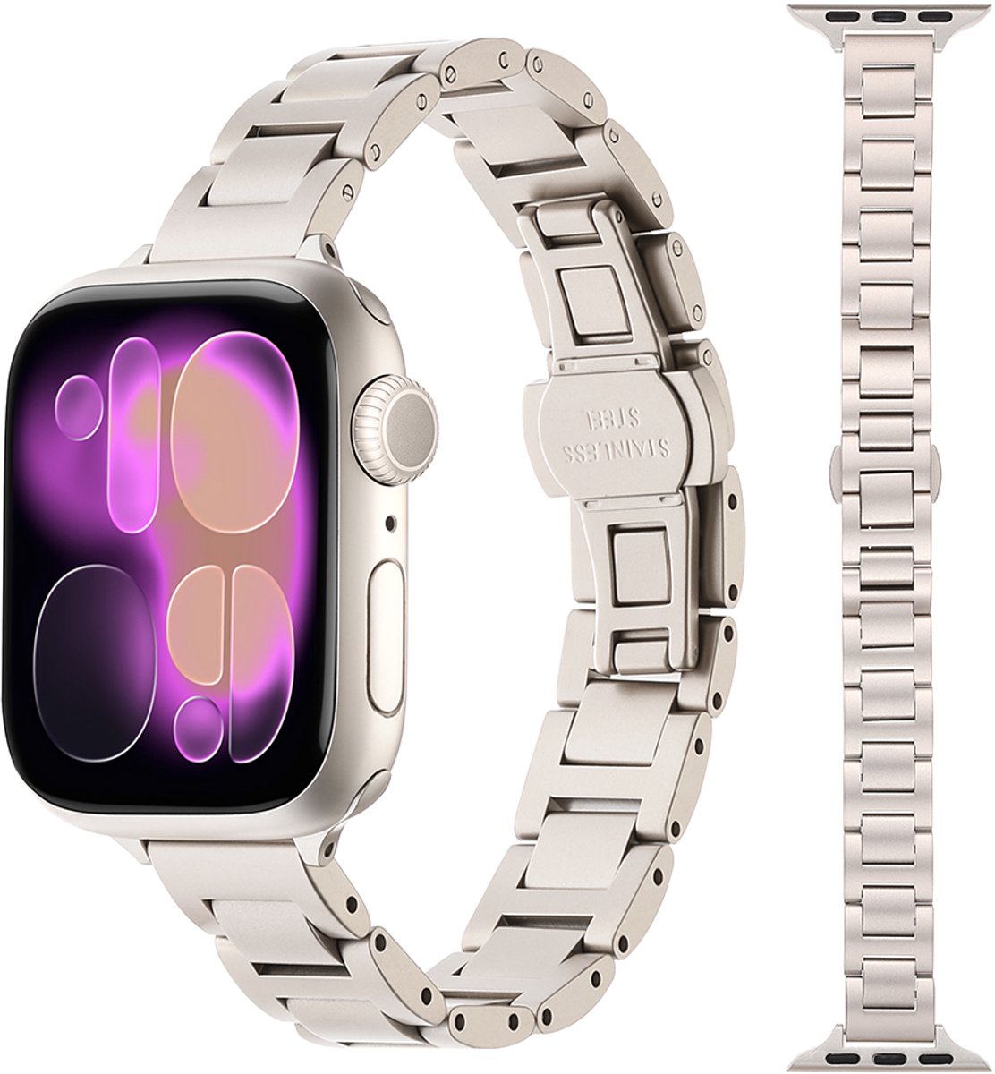 Stravo Slank RVS Horlogebandje – Elegant Dames Sieraadbandje met Vlindersluiting – Geschikt voor Apple Watch 46mm (Series 11/10), 45mm (Series 9/8/7), 44mm (Series 6/5/4, SE 3/2/1), 49mm (Ultra 3/2/1) – Starlight