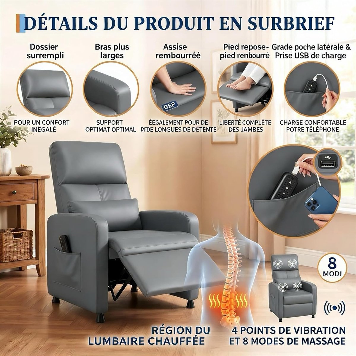 Elektrische Relaxstoel met Massage en Verwarming - Verstelbare TV-fauteuil (90°-150°) - PU-Leer - Geheugenfunctie - Grijs - Max. 136 kg – foto 8