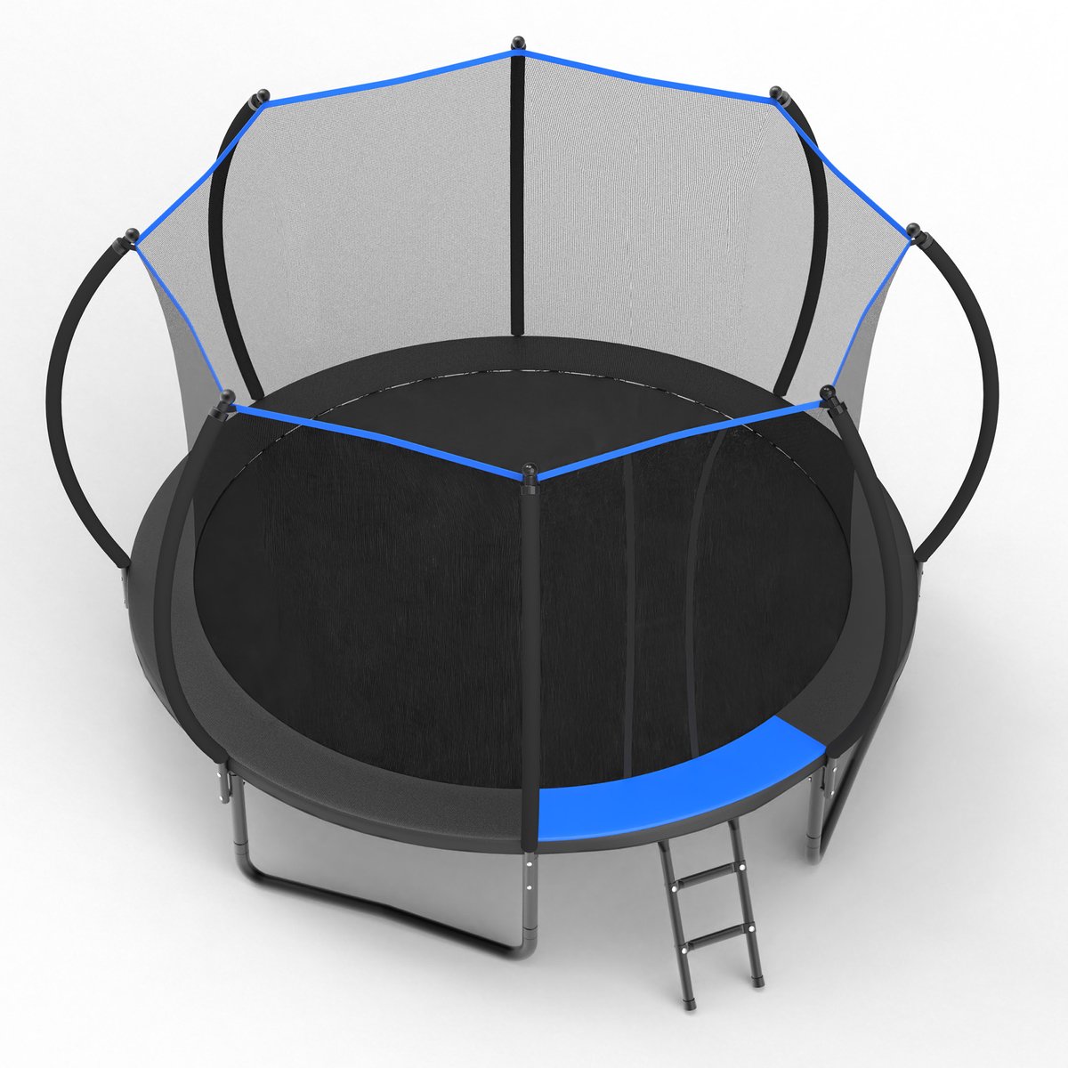 Trampoline Veiligheidsnet – 366 Cm – Staal – Zwart En Blauw – Voor Tuin En Kinderen Vanaf 6 Jaar – Met Ladder En Roestbescherming