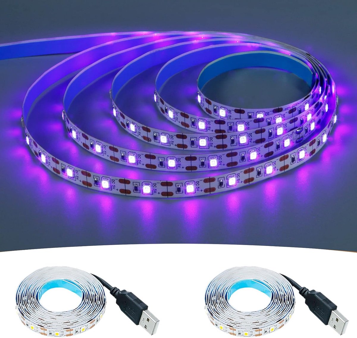 SnelShoppen - 5V USB LED Strip Paars 395-400nm - 4M (2x2M) 240LED Flexibel IP20 Niet Waterdicht SMD2835 LED Tape Zelfklevend voor DIY Home Decoratie