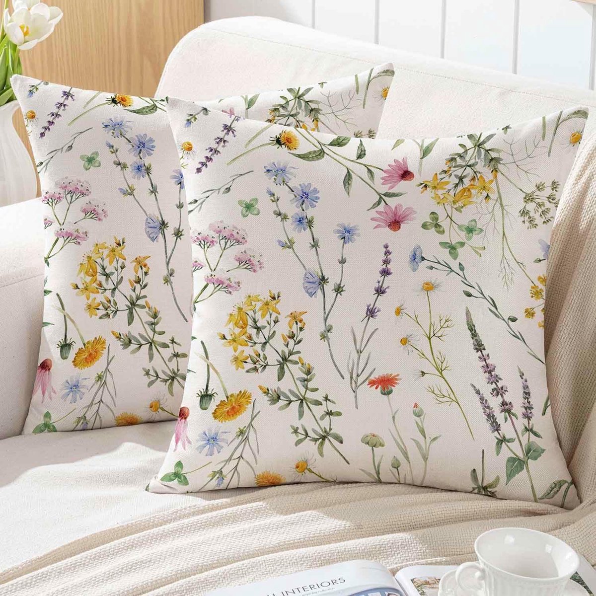 SnelShoppen - Spring Cushion Cover 45x45 cm - Bloemen Kussen, Buiten Sofa Kussen, Gele Roze Bloemen, Groene Bladeren, Decoratief Kussen voor Tuin en I