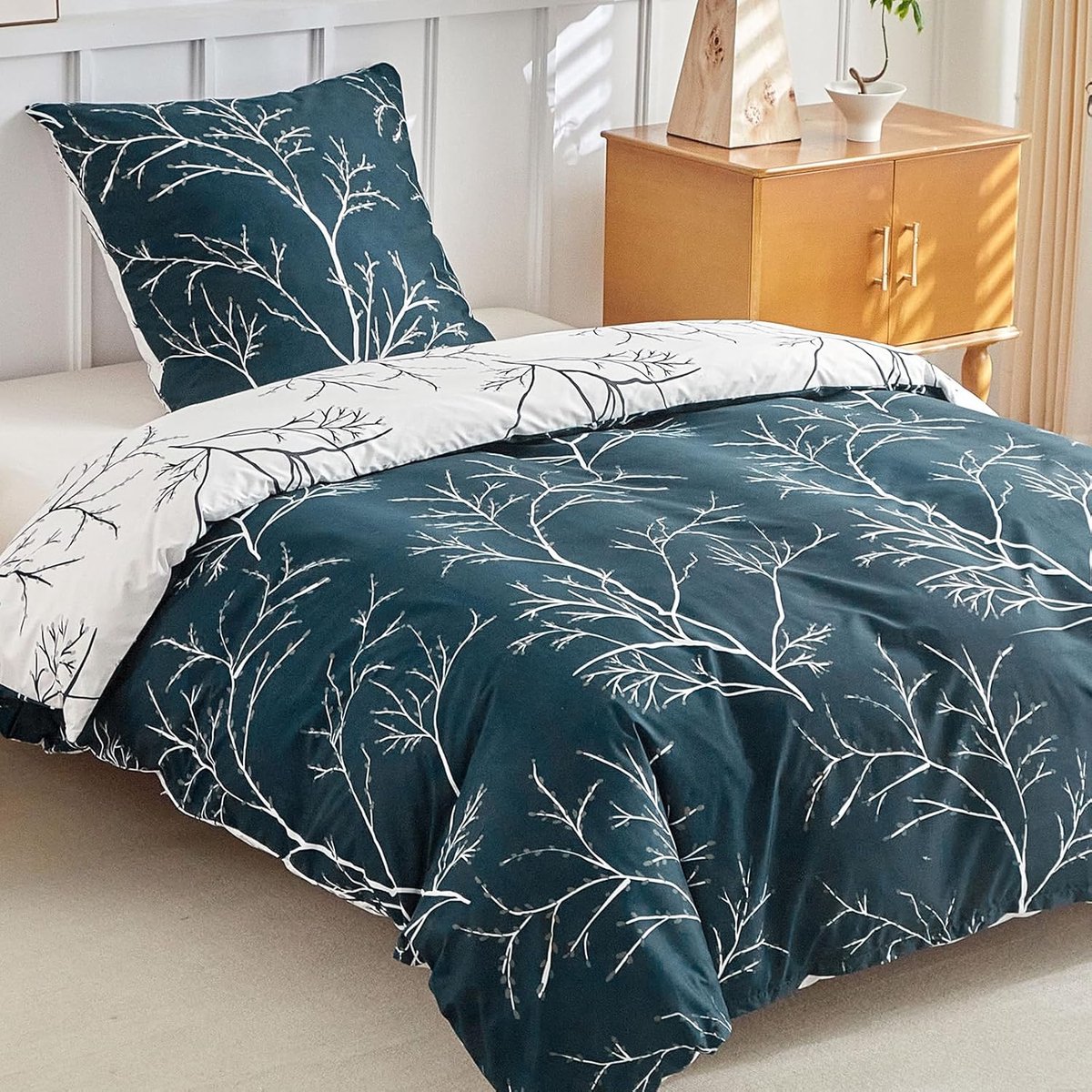 SnelShoppen - Duvet Cover Set 140x200 cm met 1 Kussensloop 65x65 cm, Omkeerbaar Takken Design, 100% Microfibre, Navy Blauw, Luxe Bedlinnen voor Elke S