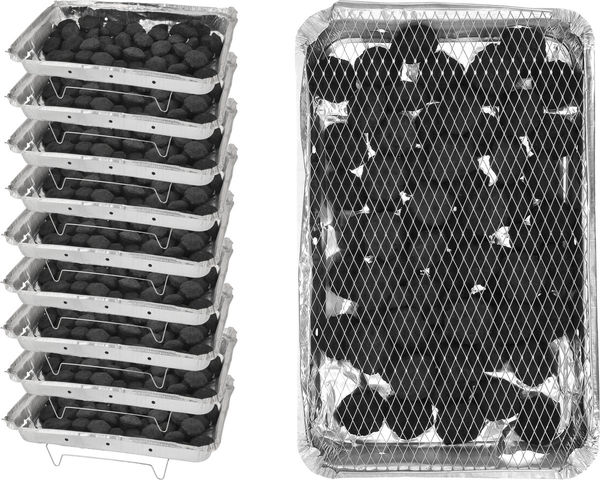 Wegwerp Barbecue met Houtskool – 9 Stuks – Grote Wegwerp BBQ 48 x 30,2 cm – 1,45 kg Houtskool per Stuk – Instant BBQ voor circa 18-23 Personen – Camping en Picknick – Inclusief Rooster en Onderstel