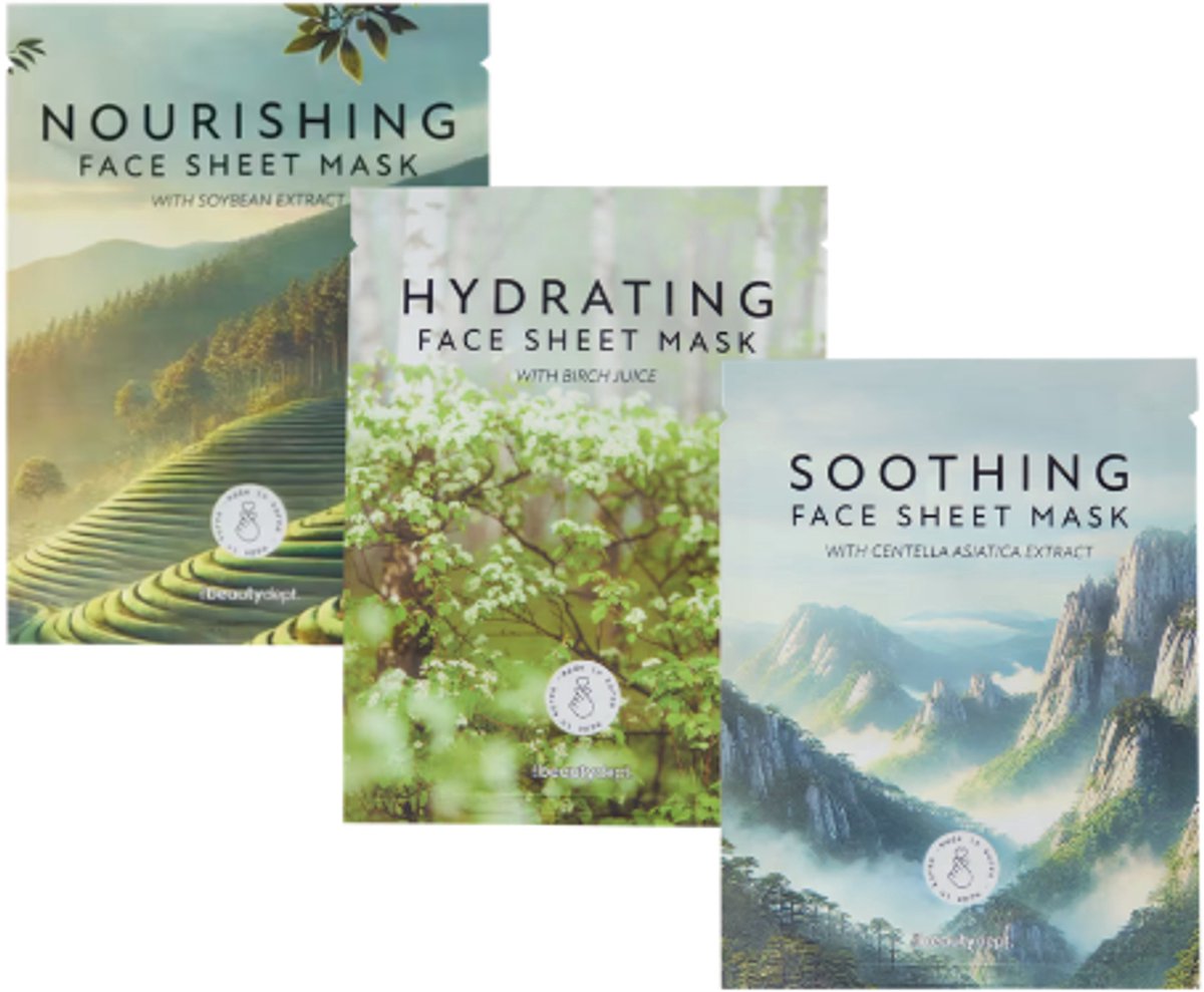 The Beauty Dept. Sheet Mask - Gezichtsmasker Set van 3 | 3x 25 ml - Sojaboon - Berkensap - Centella Asiatica | Voedend - Hydraterend - Kalmerend
