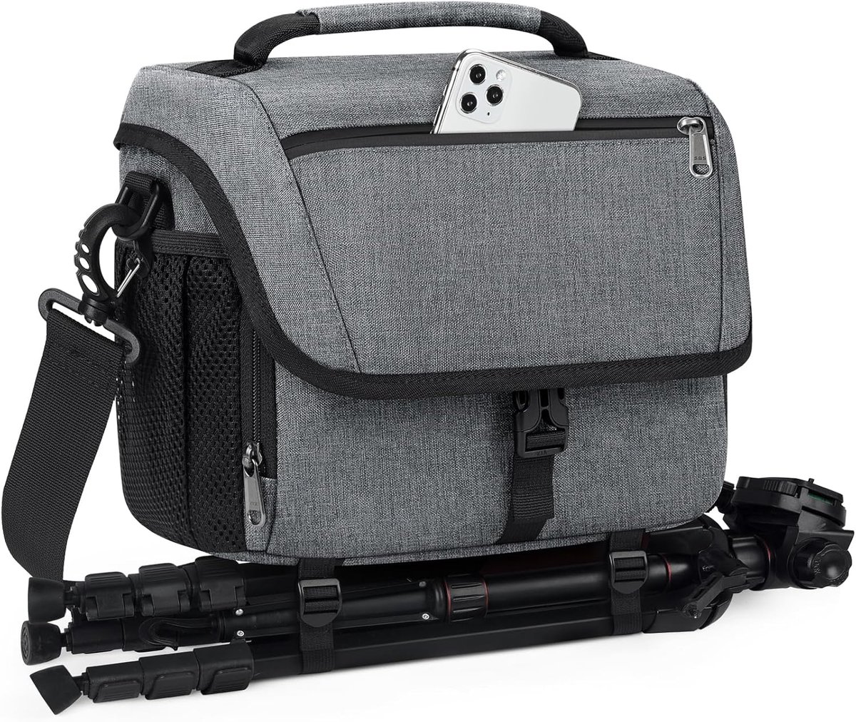 SnelShoppen - Professionele Camera Tas voor DSLR/SLR/Mirrorless Camera's - Waterdichte Sling Bag met Regenhoes en Statiefhouder - Grijs, 9.8 x 6.3 x 7