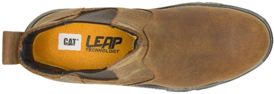 Bovenkant van een bruine leren Chelsea werklaars met CAT logo en 'LEAP TECHNOLOGY' op de binnenzool.