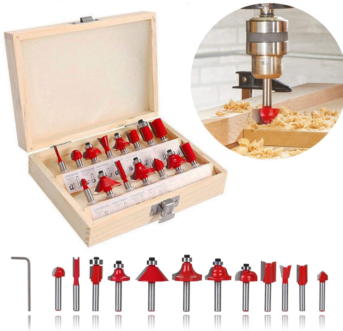 SnelShoppen - 15-delige Freesset voor Houtbewerking - Tungsten Carbide Freesgereedschap met 6.35mm Shank - Duurzame en Precisie Frezen in Houten Koffe