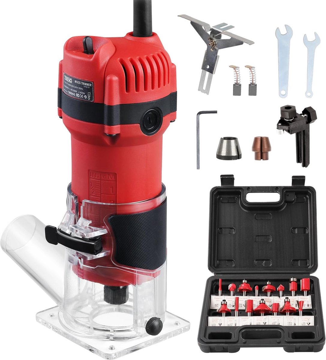 SnelShoppen - Elektrische Houtfrezer 800W met 31000 rpm en Stofafzuiging - 15-delige 1/4 Inch Freesbits - Precisie Houtbewerking voor Klussen en Creat