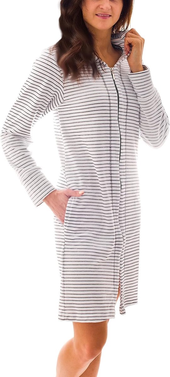 SnelShoppen - Dames Badjas met Rits en Kap - Gestreept Patroon - Warme Fleece Materialen - Perfect voor Thuis, Wellness of na het Douchen - Maat S/M/L