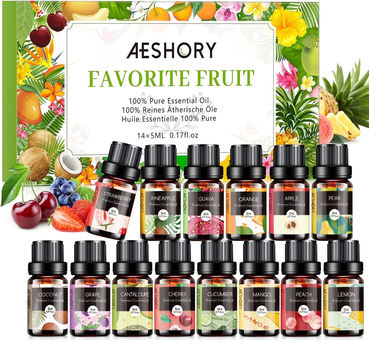 SnelShoppen - 14x5ml Fruity Aromatherapy Geuroliën Set - Natuurlijke Fruit Essentiële Olie voor Diffusers, Aromatherapie, Massage, DIY Kaarsen - Aardb